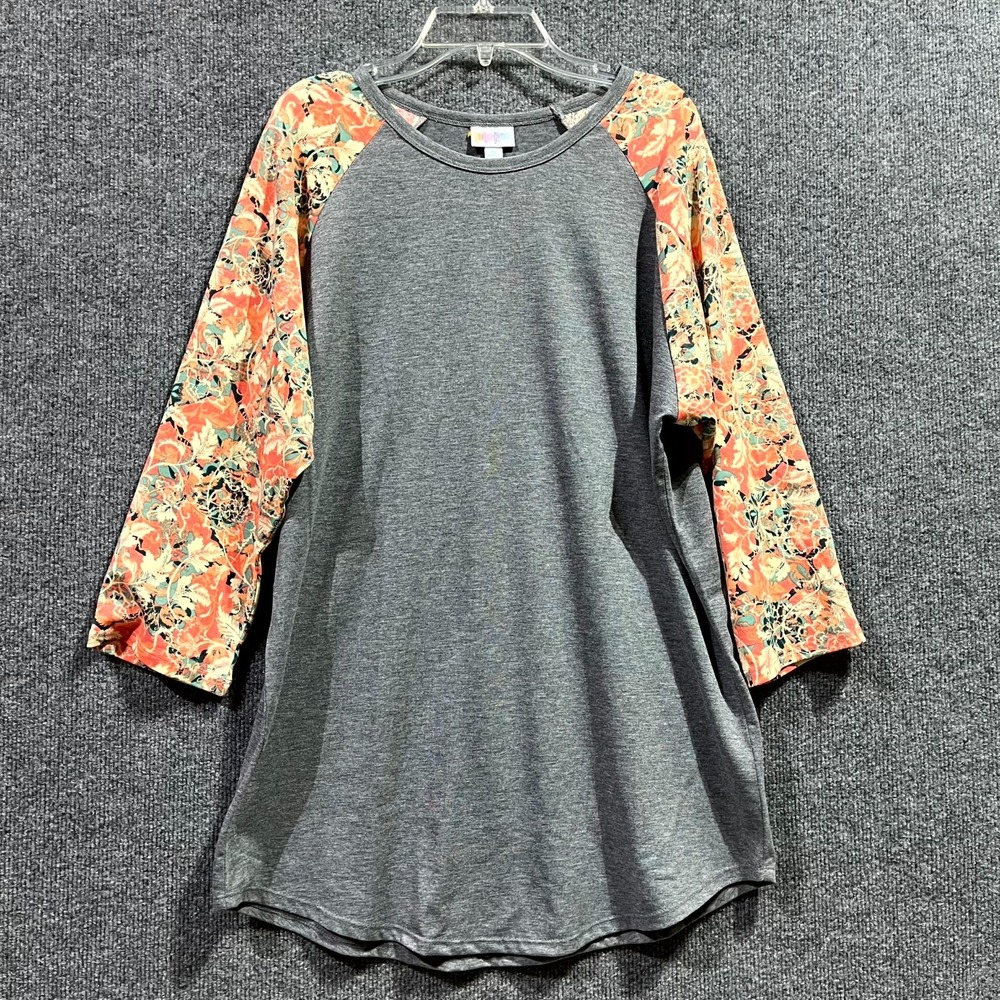 LulaRoe T-Shirt Women XL Gray Orange Floral Stretch 3/4 Raglan Sleeve Round Neck